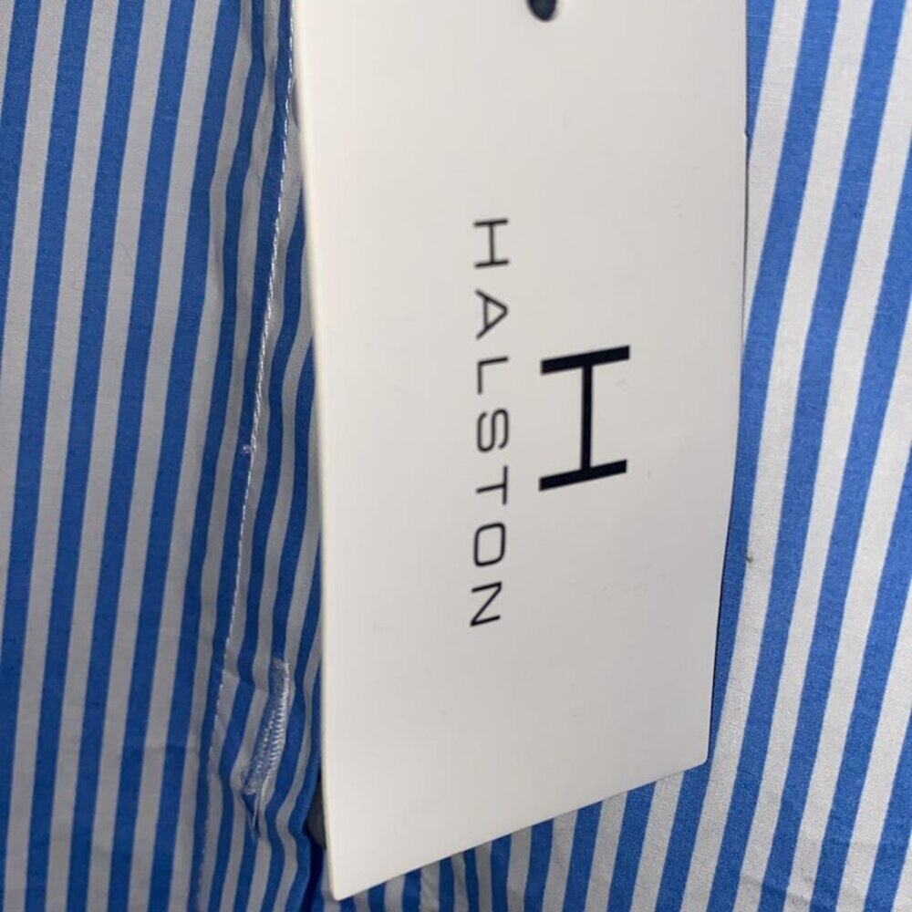 Halston Women Blue Striped Stretch Poplin Lace-Trimmed Blouse Top - Picture 3 of 9